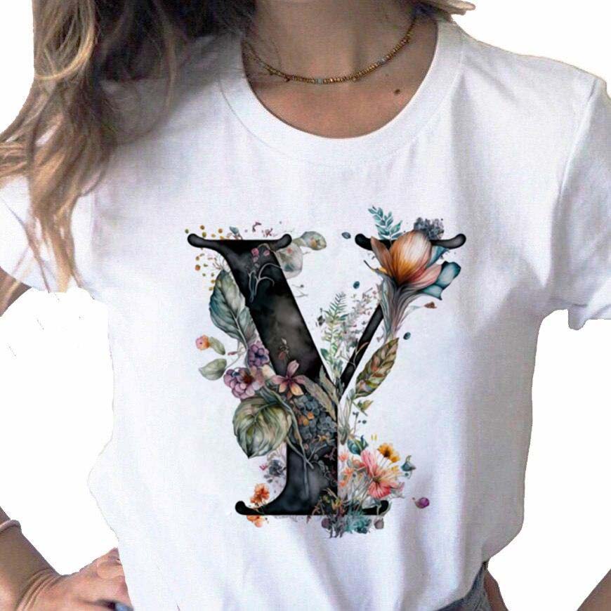 New Women T Shirt Custom Name Letter Combination Print Tshirt Flower Letter Font A B C D E F G Short Sleeve Female Tees Tops