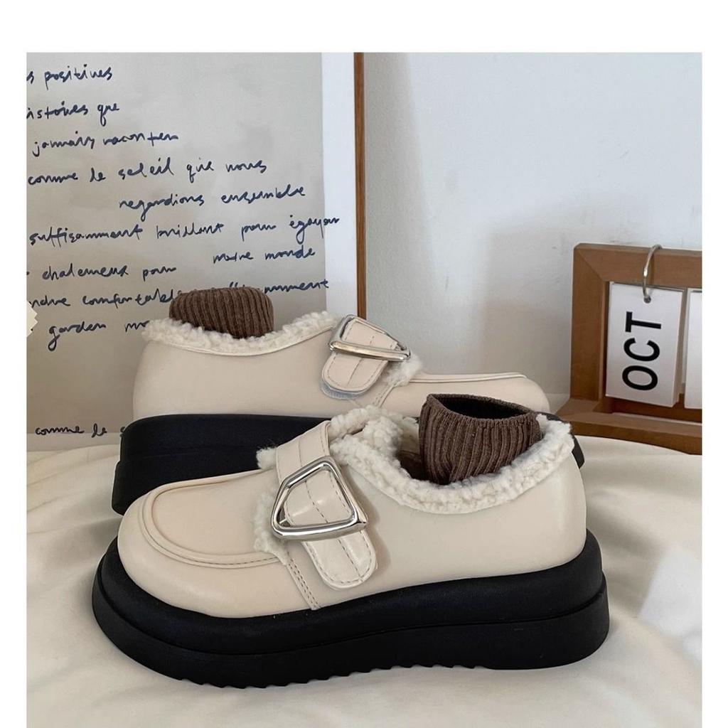 Platform Muffin Velvet Small Leather Shoes Women's 2025 New Autumn and Winter Warm Retro British Style Loafers Cotton Shoes Tide