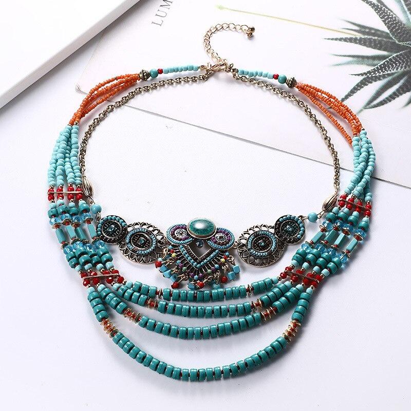 Beaded Bib Necklace Bohemia Vintage Handmade National Beads Multi Layer Colorful Jewelry Necklace for Women