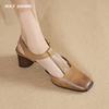 2024 New Genuine Leather Square High Heel Sandals Summer Fashion Female Shoes Platform T Strap Buckle Square Toe Women Pumps
