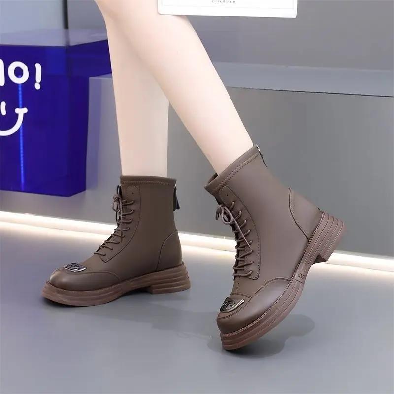 Large Size Warm Booties With Laces Elegant Medium Heels Lace-up Women's Ankle Boots Winter 2024 Autumn Chic Female Short Shoes