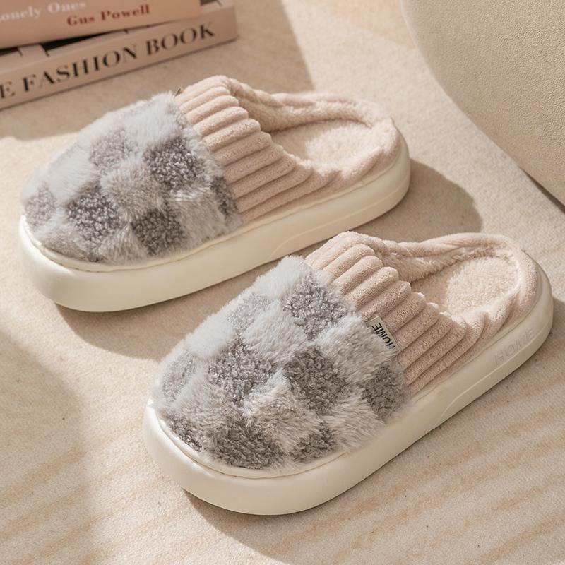 Couple Winter Toe Wrap Warm Plaid Cotton Slippers Thick Soft Sole Slides Men Women Indoor Floor Flat Home Non-slip Shoes
