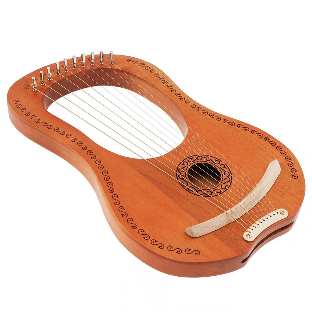 10 Strings Lyre Harp Solid Mahogany Wood Carving Reindeer with Tuning Hammer String Instrument