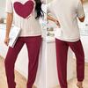 2 Pcs/Set Women Winter Pajamas Set Round Neck Heart Pattern Short Sleeve Homewear Top
