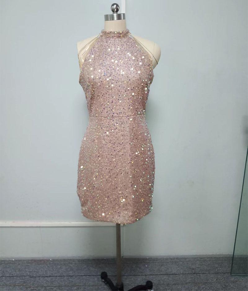 2025 Spring/Summer Crystal Chain Halter Neck Sequin Evening Dress