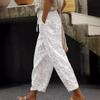 Women's Long Pants Elastic High Waist Wide-Leg Trousers Elegant Embroidered Cotton Linen Pants