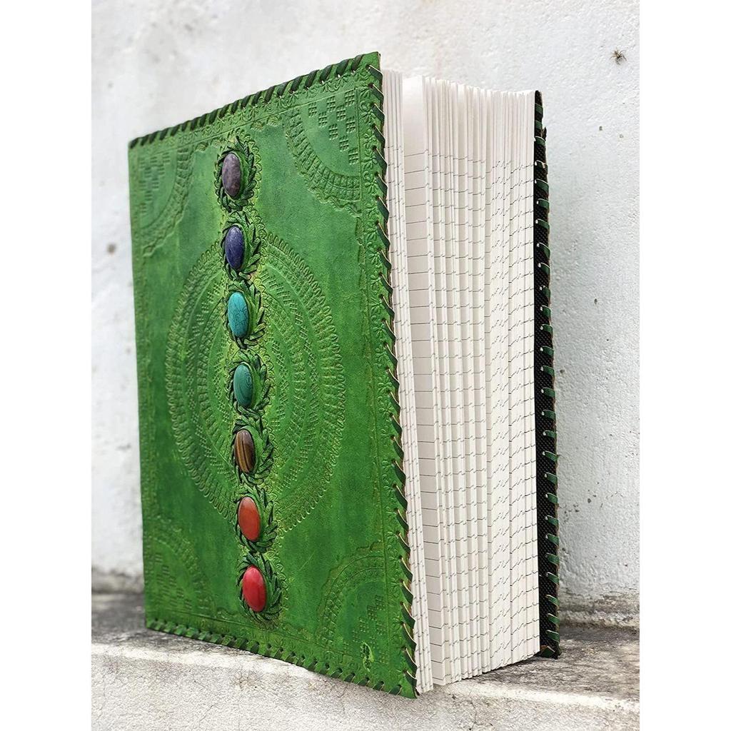 Fat Leather 600 Pages Journal Large Seven Stone Leather Notebook Journal Blank Handmade Book Sketchbook Everyday Use (Lined Pages, Green)