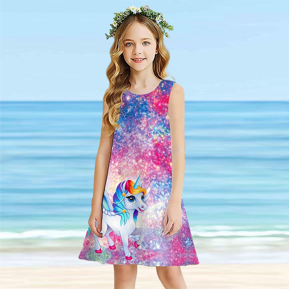 Girls' Dress Sleeveless 3D Colored Background Print Summer Daily Cute Casual Sweet Kids A Line Dress Tank Dress