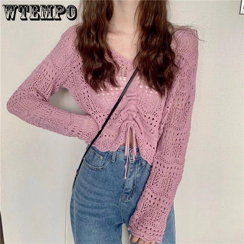 Girl's Hollow Out Solid V-Neck Knitwear Spring Long Sleeve Loose Thin Casual Knitted Tops Drawstring Sunscreen Pullovers