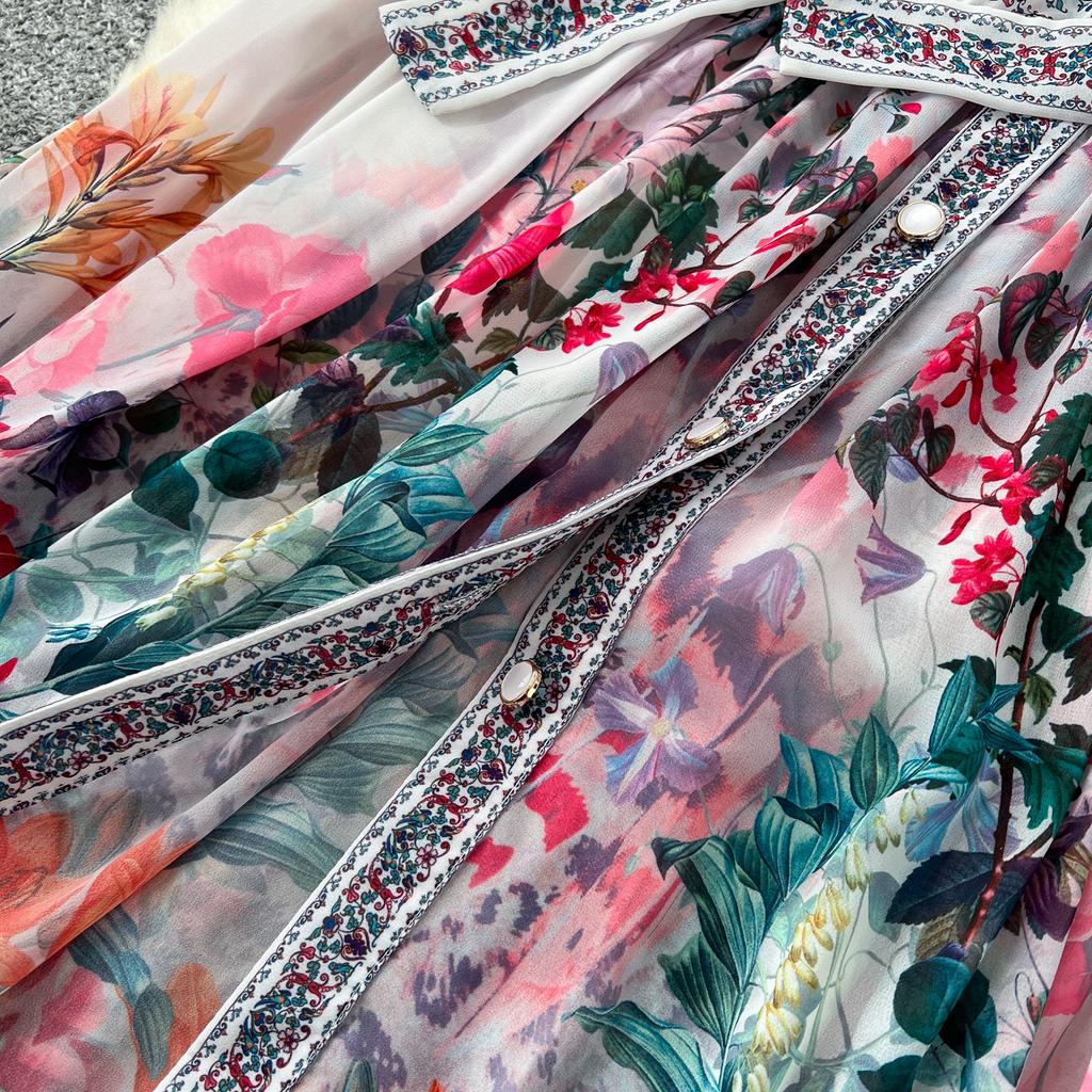 Bohemian Floral Chiffon Summer Dresses for Women 2025 Runway V-Neck Long Lantern Sleeve Sashes Beach Holiday Dressess Boho Robe