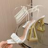 Sexy Cross Ankle Strap Women's Fretwork Heels Sandals Summer Fashion White Pleated Leather Square Toe Party Stripper Shoes