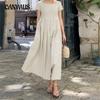 Summer Women's Cotton Linen Long Dress Plus Size Big Swing Sun Dress Short Sleeve Square Neck Elegant Casual Long Dresses