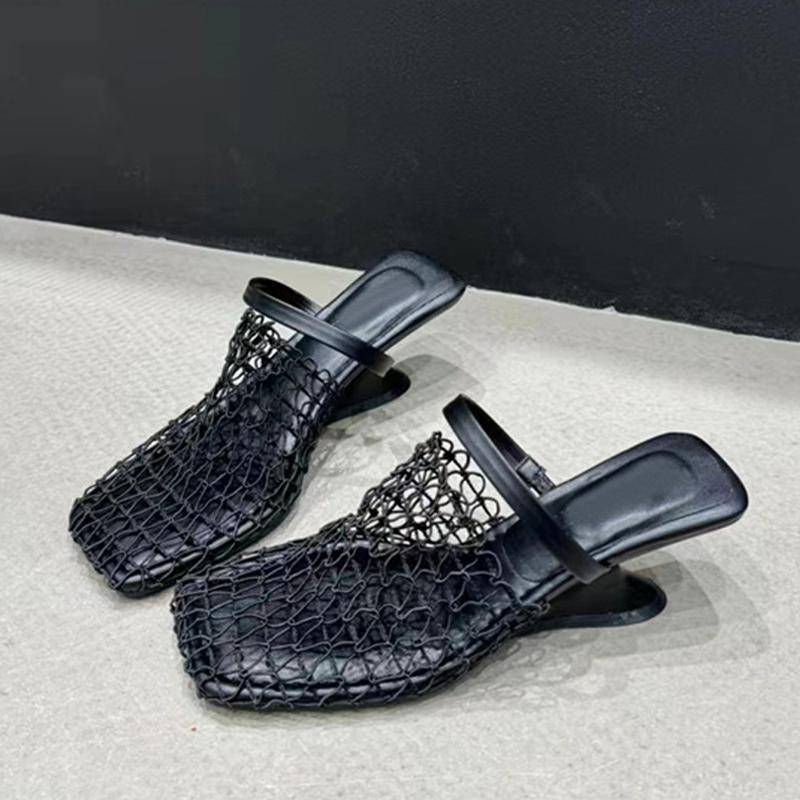 Sexy Hollow Out Mesh Square Toe Mules Women Shoes Pumps Slippers Fashion Strange Wedges Heels Slides Sandal Female Black