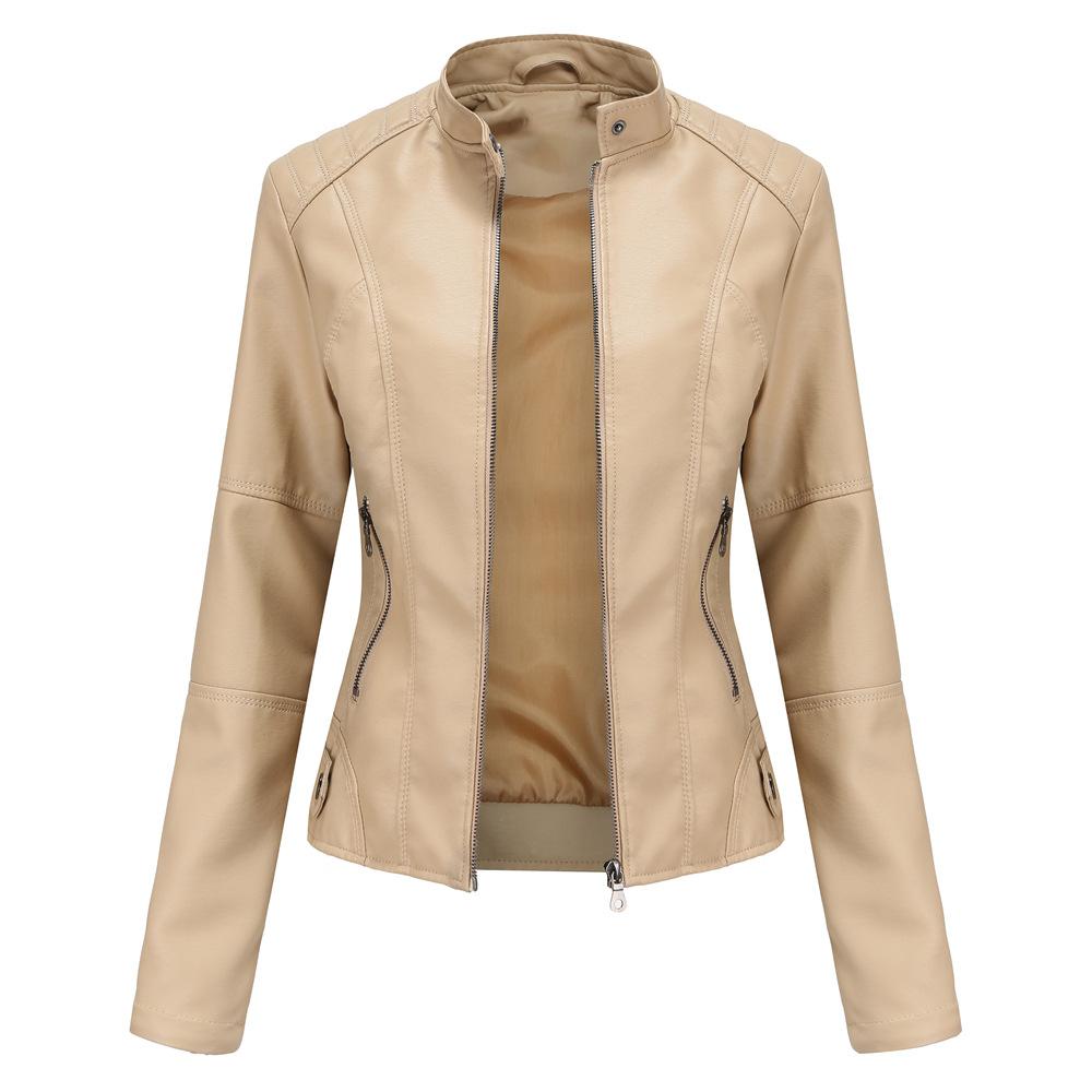 Women's Slim Fit Spring Autumn Solid Color Long Sleeve Stand Collar Leather Jackets S-4XL
