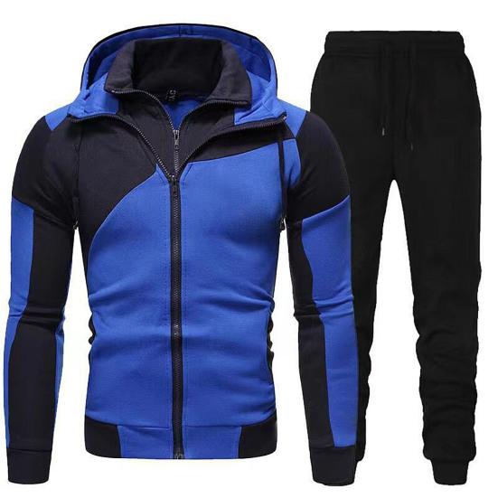 Men Autumn Winter Hoodie Pants Suit Fashion Hooded Splicing Zipper Coat with Elastic Waist Drawstring Pants Set