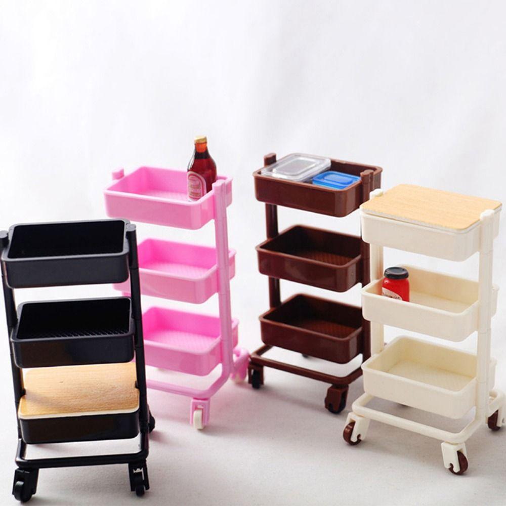 With Wheel 1:12 Dollhouse Trolley Plastic Storage Shelf Model Kitchen Furniture Accessories