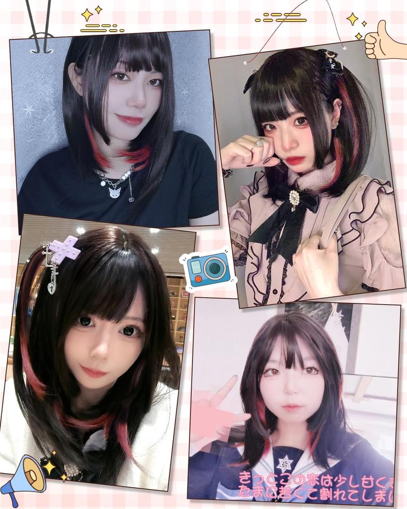 Vigorous Black Full Heat Small Everyday With Wig, Semi-Long, Medium, Hair/Pink, Crossdressing, Wig, Resistant, Natural, Cute, Face, Wig, Net,