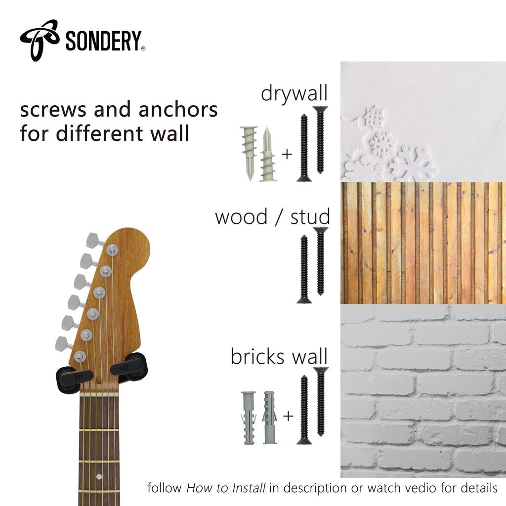 Sondery Guitar Hanger, Wall Mount Stand Hook, Wall Mount Holder for Ukulele and Bass, Auto-Locking, Easily Attaches To Wood Walls, Wood Studs,