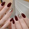 24Pcs/Set Quick Nails Wine Red Glitter False Nials Sticker Wearable Waterproof Manicure Finished Nails