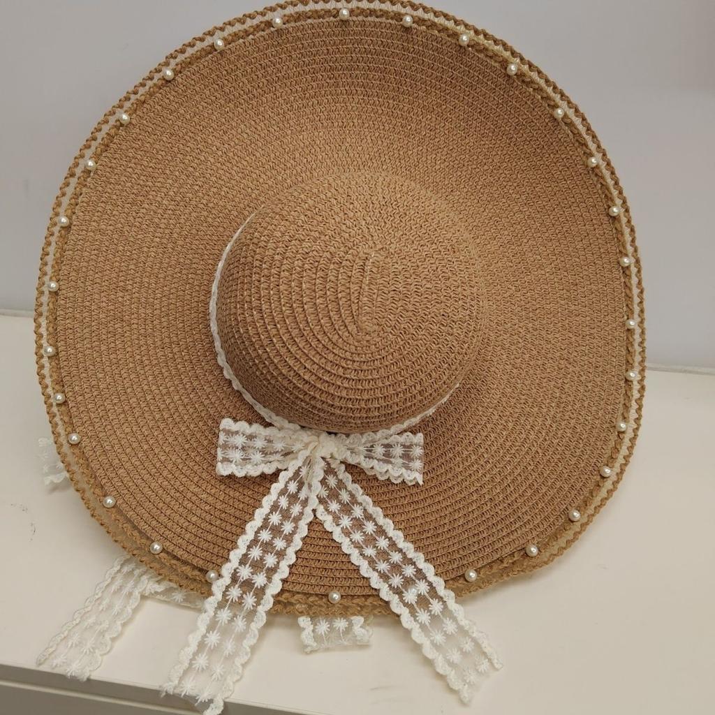 Summer New Sun Hat Bow Grass Hat Sun Protection Vacation Lace Travel Hat Beach Fashionable Fisherman Hat