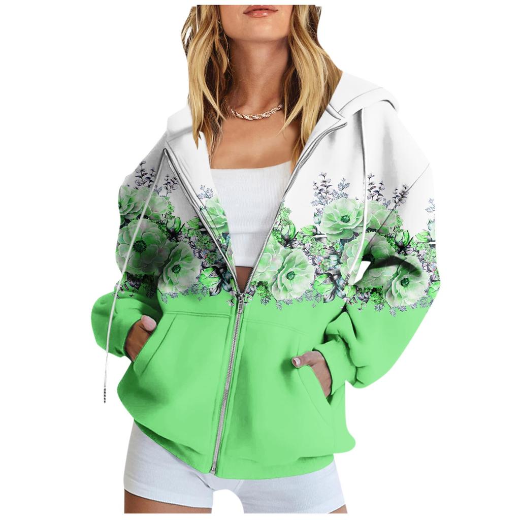 Women's Long Sleeve Printed Sweatshirt Long Sleeve Pocket Jacket Zipper Hoodie Coat Autumn