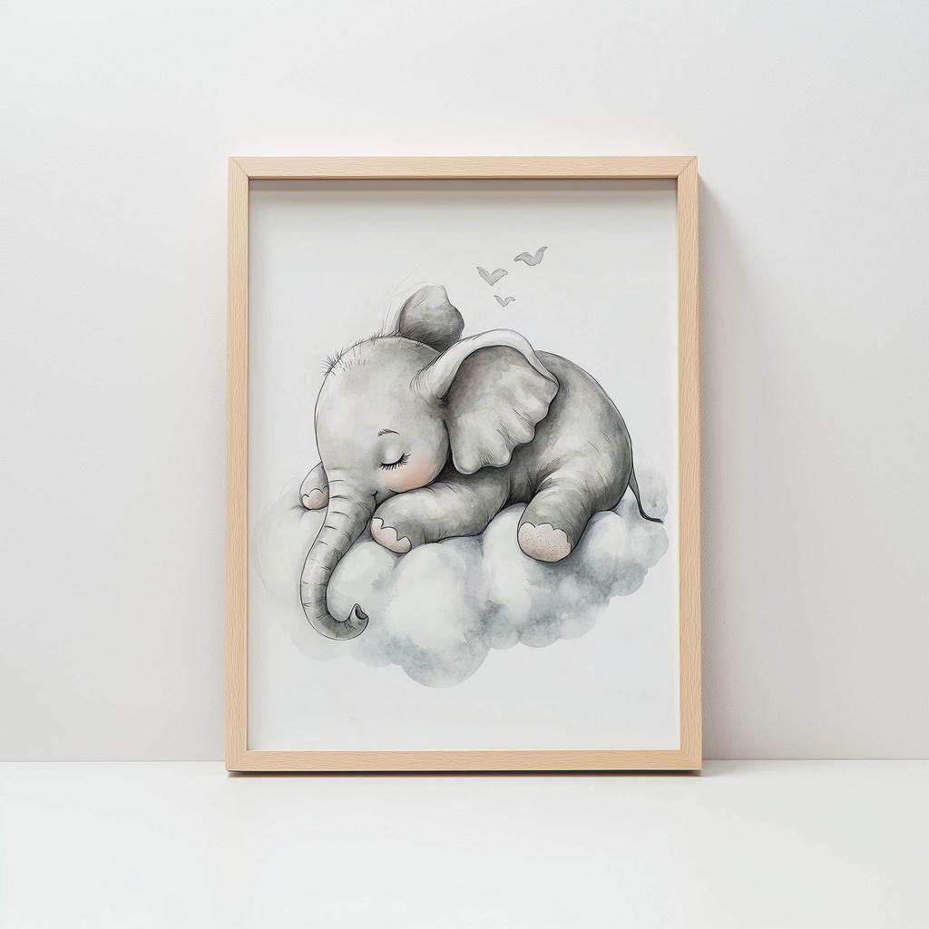 Plakat Senny Słonik Na Chmurze Plakat Senny Słonik Na Chmurze, 30X40 Cm, Rama Drewniana Jasny Dąb, Papier Matowy 230 Gsm
