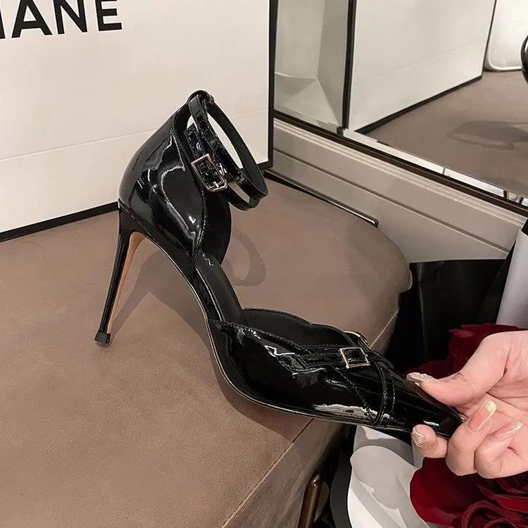 Black High Heels Pumps for Women 2025 Spring Fashion Ankle Straps Party Shoes Woman Pointed Toe Thin Heel Buckle Single Shoes