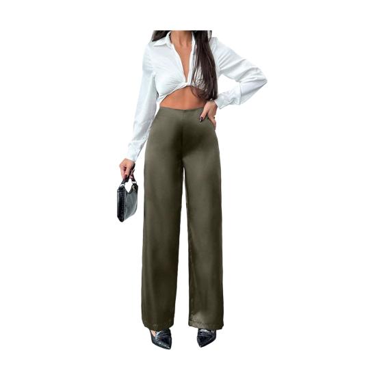 Women Pants Mid-rise Solid Color Loose Fit Wide Leg Design Long Trousers Smooth Satin Casual Trousers Daily Wear