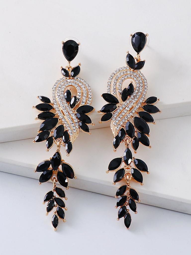 Water Droplet Shaped Retro Long Leaf Tassel Alloy Diamond Inlaid Elegant Temperament Earrings