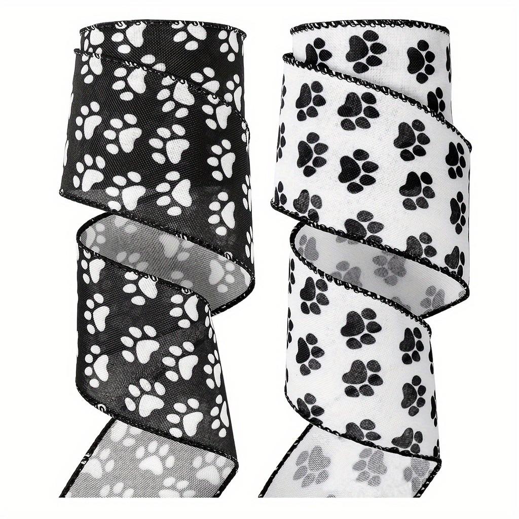 Highquality Satin White Ribbon Adorned With Black Paw Prints Ideal For Creative Crafts Petthemed