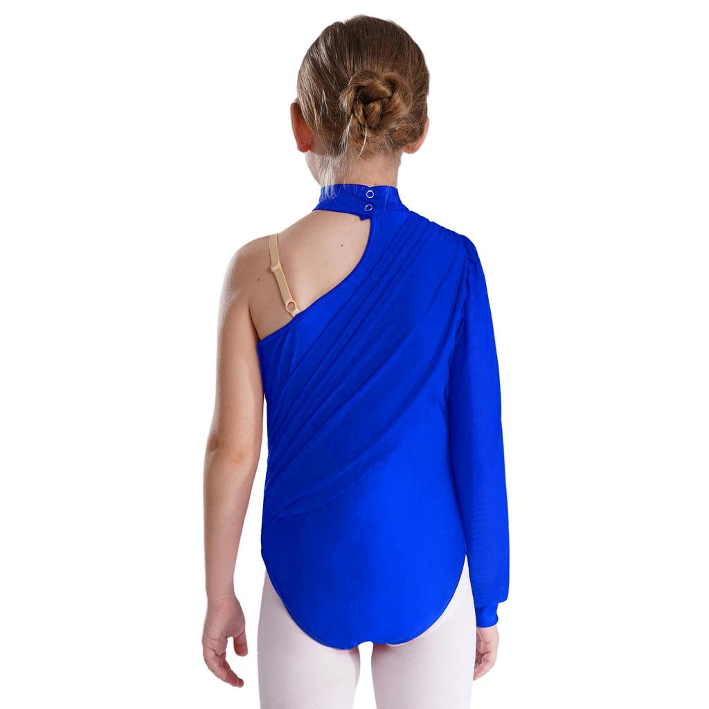 Girls Dance Leotard One Shoulder Design Mock Neck Long Sleeve Ruched Mesh Overlay Performance Bodysuit