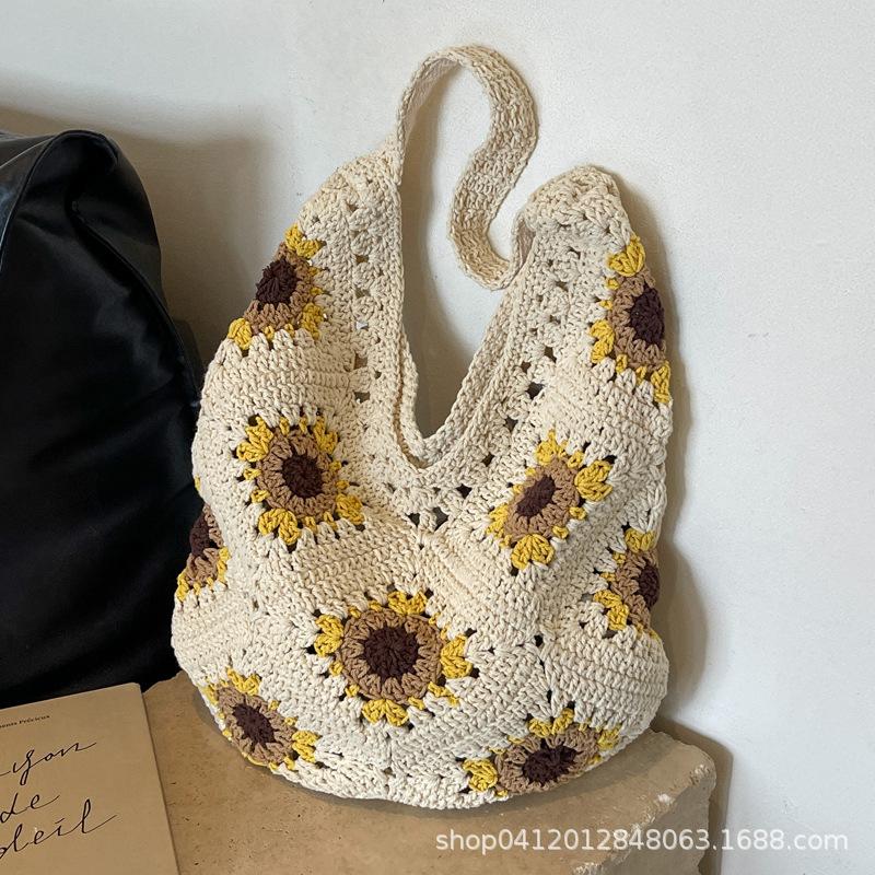 2025 New Summer Beach Bag Large Capacity Foreign Gas Cotton Thread Woven Bag Sunflower Knitted Tote Bag