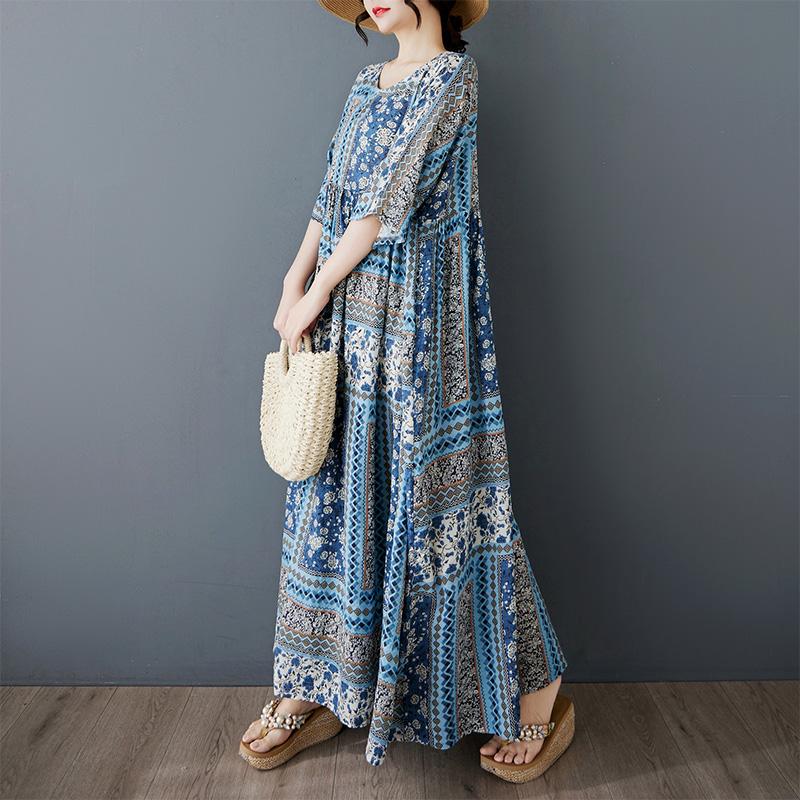 Dimanaf 2025 Плюс Размер Летнее Платье Женщин Цветочный Принт Винтаж Длинное Платье Свободное Повседневное Платье Макси В Богемном Стиле