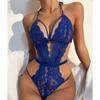 Crotchless Women's Ropa Mujer Erotic Lingerie Set Solid Lace Halter Strap Sexy Fun Teddy Babydoll Underwear Blue Bra Suit