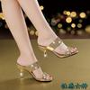 Fashion 2024 New Women's Summer Fashion Comfort Elegant Sandals Gold One-word Diamond Stiletto Heel Medium Heel Rhinestone Sandals