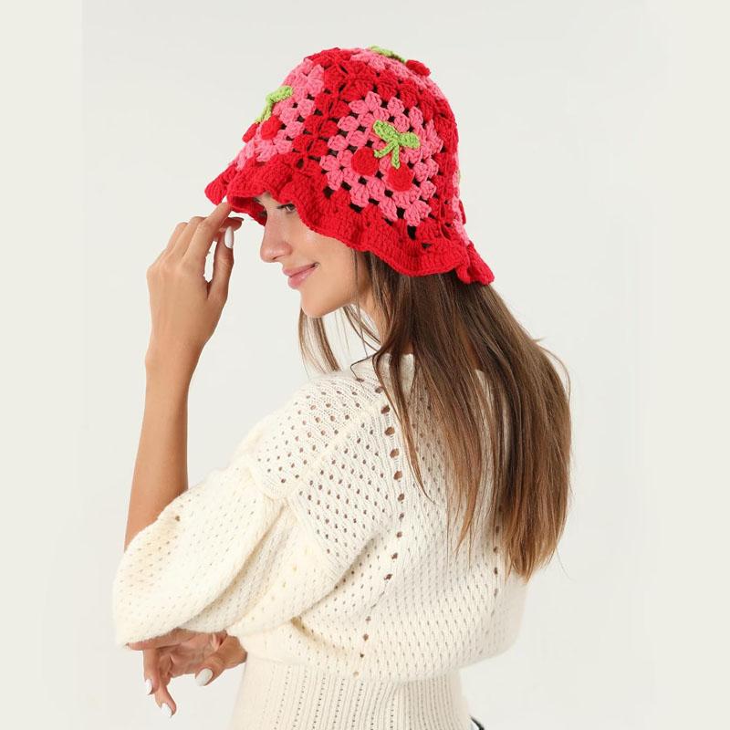 2024 Flower Crochet Bucket Hat Women Summer Handmade Knit Beanies INS Y2k Korean Fashion Panama Cap