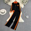 Autumn Winter Contrast Color Knitted Sweater Tracksuit Full Sleeve Zipper Coat Jacket and Ankle-length Pant Two Piece Set
