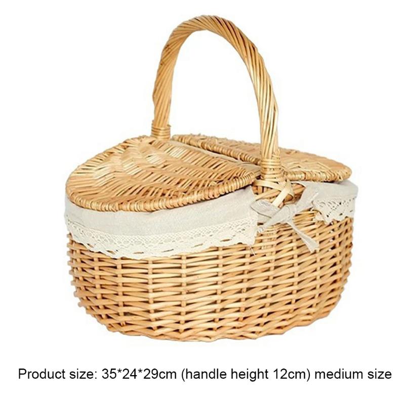 Handmade Large Wicker Basket Handle Picnic Bag Willow Woven Storage Hamper Double-Lid Camping Outdoor Fruit Holder Organizer