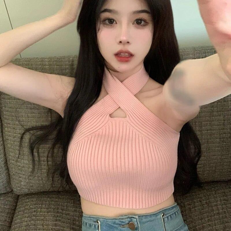 Women's Knitted Camisole Halterneck Lightweight Crop Top Solid T Shirt Sleeveless Tank Top Criss Cross Casual Base Shirt