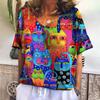 Women's T-shirt Cartoon Cat Print Summer V-neck Short-sleeved Kawaii Fashion Casual Fun Women's Retro Clothing