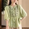 Woman Summer Turn Down Collar Single Breasted Shirt Retro Half Sleeve Loose Vintage Chinese Style Shirt