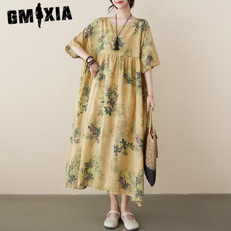 GMXIA Plus-size Women's Summer Chinese Style Flower Print Retro Artsy Dress Fat MM Skirt