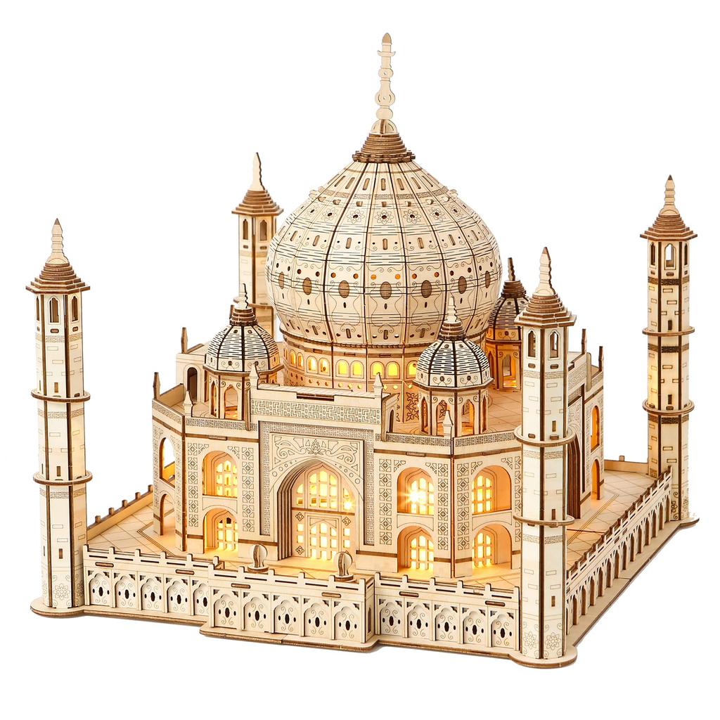 Hallisun 3D Wooden Puzzle Taj Mahal Wooden Model with LED Light India Building Building 3D Puzzle Craft Handicraft DIY Mechanical Assembly Kit for