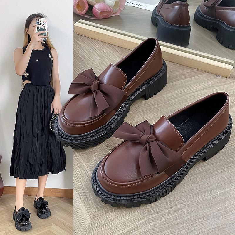 Fashion Bow Loafer Shoes Women 2024 Spring and Autumn New Thick Sole Mid-heel Lazy British Style Retro Small Leather Shoes