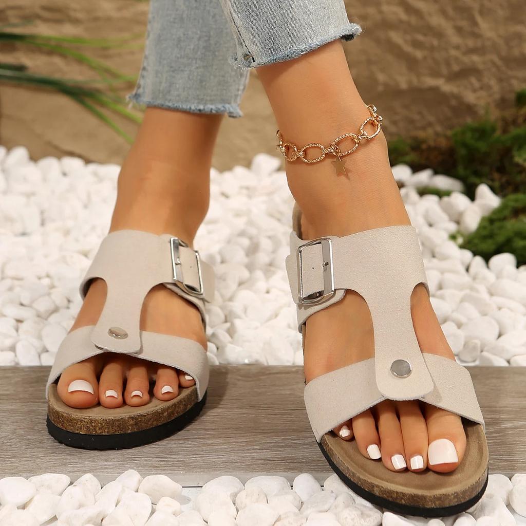 2024 New Fashion Versatile Solid Color Buckle Women's Slippers Open Toe Beach Comfortable Flat Heel Shallow Mouth Women's Shoes