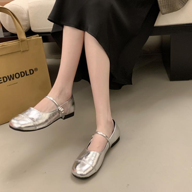 Fashion Retro Silver Mary Jane Flats Shoes Women's Round Toe PU Leather Loafers Flat Shoe Comfort Lightweight Ballet Shoes Women Zapatos