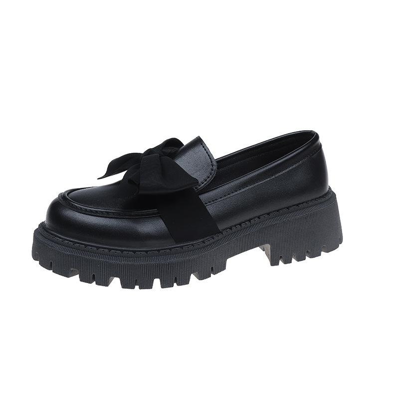 Fashion Bow Loafer Shoes Women 2024 Spring and Autumn New Thick Sole Mid-heel Lazy British Style Retro Small Leather Shoes