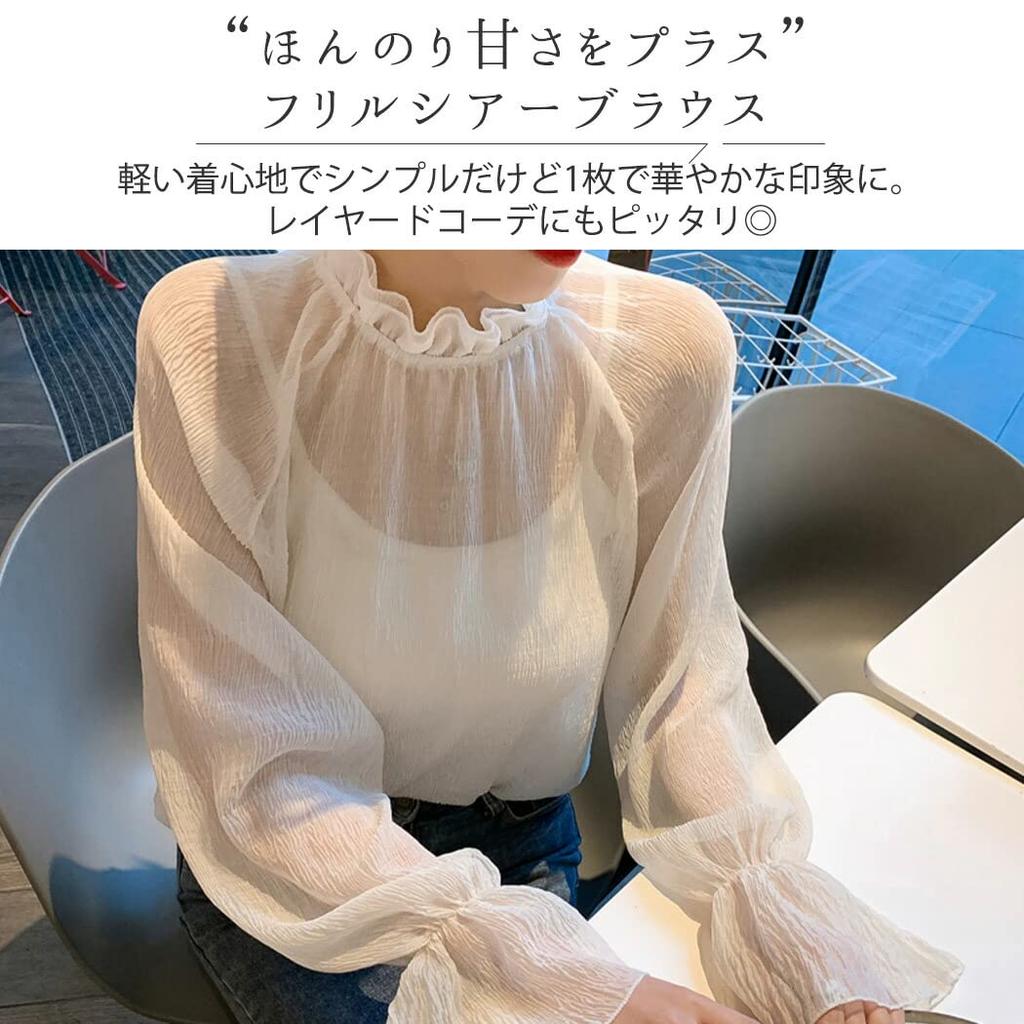 DAYCLOSET Long Sleeve Sheer Blouse with Ruffles and High Lightweight and Loose Perfect for Spring and Autumn Women's See-Through Neck, Sheer, Fit,