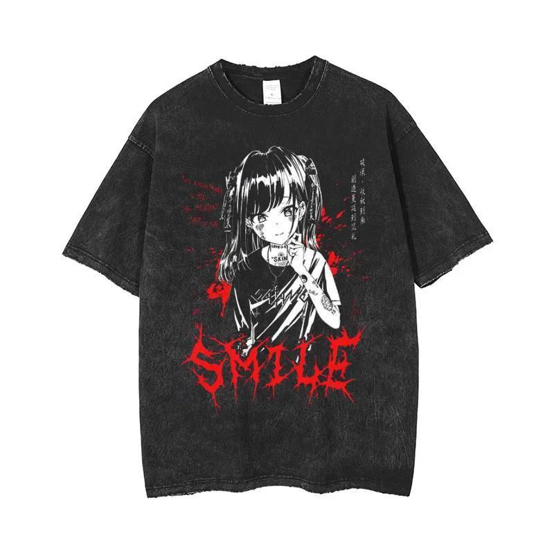 Anime Women's T-Shirt Gothic Printed T-Shirt Hip Hop Streetwear Punk Summer Vintage Washed Oversized Top Women's Clothing
