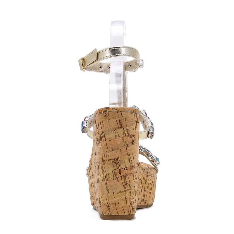 Fashion Wood Grain Platform Wedges High Heels Woman Sandals CRYSTAL Buckle Strap Casual Ladies Summer Shoes